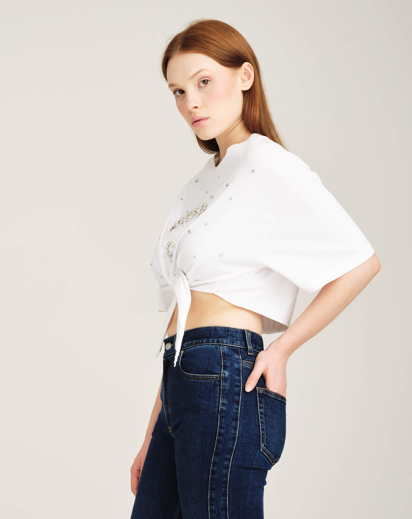 Miu Miu - Crystal Embellished Short Sleeve Knotted Crop Top XS